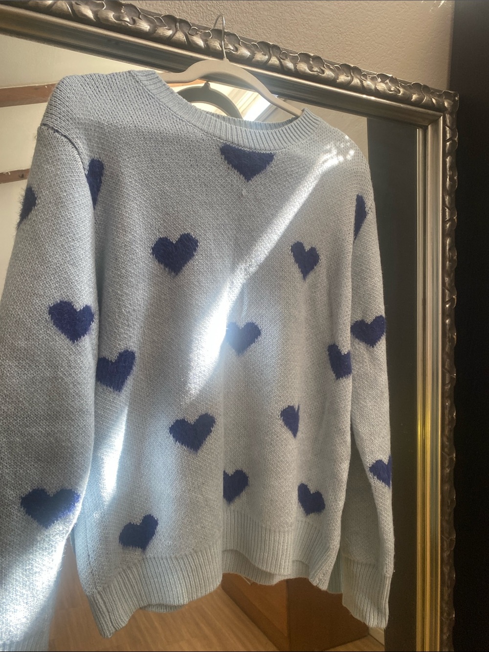 Light Blue Heart-Pattern Crewneck Sweater - Cozy Heart Knit